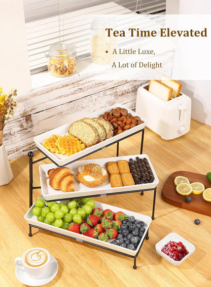 Yedio 3 Tier Serving Trays for Party, Porcelain Serving Platters and Trays, 12 Inch Tiered Tray Stand, Fruit Tray, Trays for Serving Food, White Dessert Stand with Collapsible Sturdier Metal Rack