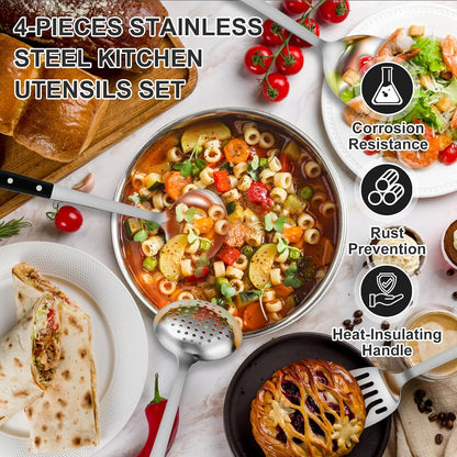 Pleafind 𝟑𝟑% 𝐎𝐅𝐅 Cooking Utensils Set - 4 Pcs Stainless Steel Kitchen Utensils Set with Solid Turner, Slotted Turner, Serving Ladle, Slotted Spoon, Wok Utensils Set with Heat Resistant Handle