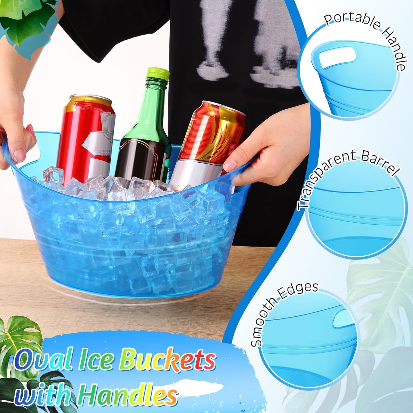 meekoo 6 Pcs Plastic Ice Buckets Bulk with Handles 4.5L Oval Storage Tub Large Capacity Ice Drink Bucket for Party Bar Wine Beer Champagne Beverage Bottle Cooler (4.5 L,Orange)