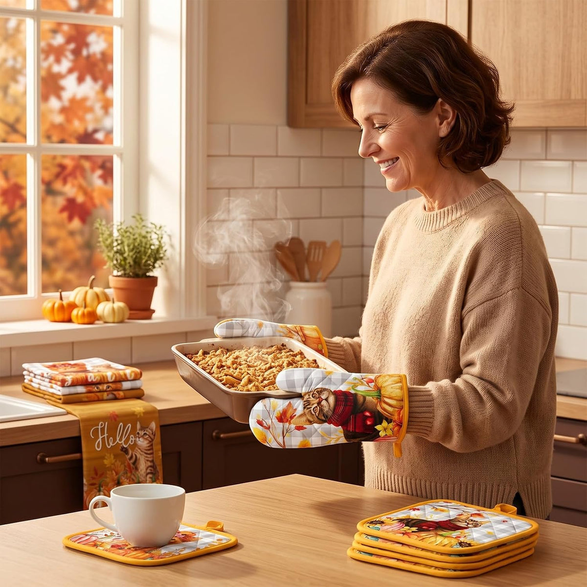 SiliFine 12 Pcs Fall Pumpkin Kitchen Towels Oven Mitts Pot Holders Set