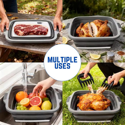 BBQ Prep Tub with 2 Pcs Meat Shredder Claws, Collapsible Cutting Board, 3 Adjustable Height BBQ Prep Tub with Lid, Multifunction Dish Basin for Kitchen, Grilling, Outdoor Cooking, Camping & Picnic