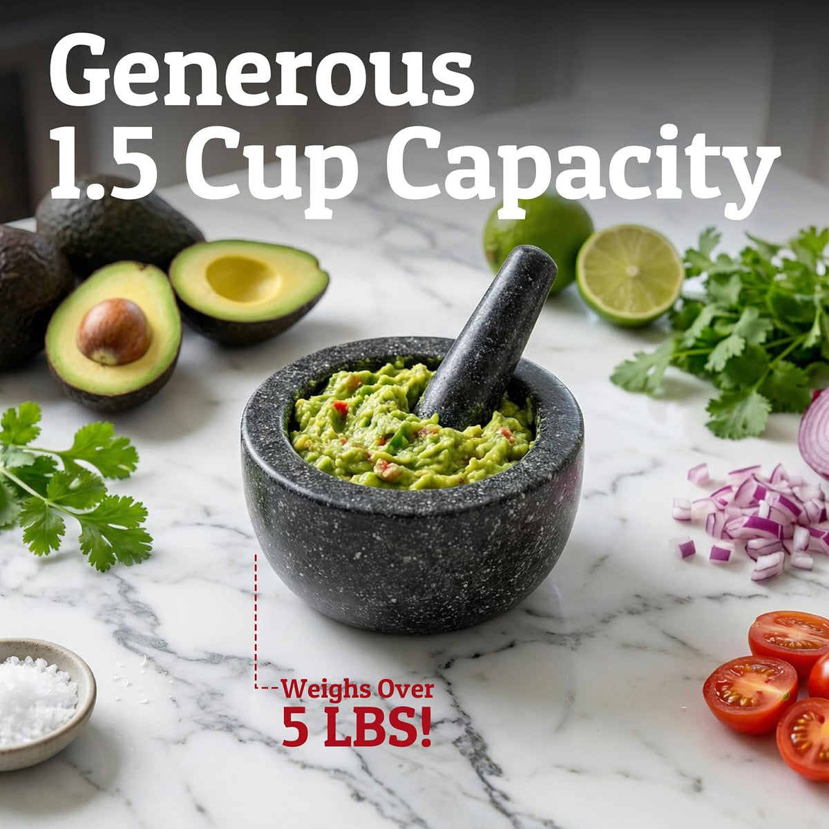Priority Chef Heavy Duty Large 1.5 Cup Mortar and Pestle Set, 100% Natural Granite, 5.5 Inch Diameter Bowl, 6.2 Inch Pestle, Non-Slip Base, Stone Grinder for Guacamole Salsa Pesto Herbs Spices, Black