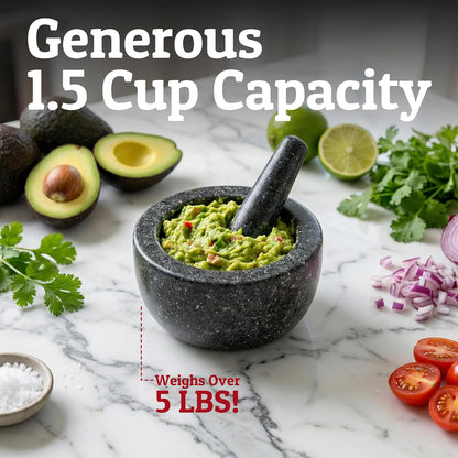 Priority Chef Heavy Duty Large 1.5 Cup Mortar and Pestle Set, 100% Natural Granite, 5.5 Inch Diameter Bowl, 6.2 Inch Pestle, Non-Slip Base, Stone Grinder for Guacamole Salsa Pesto Herbs Spices, Black