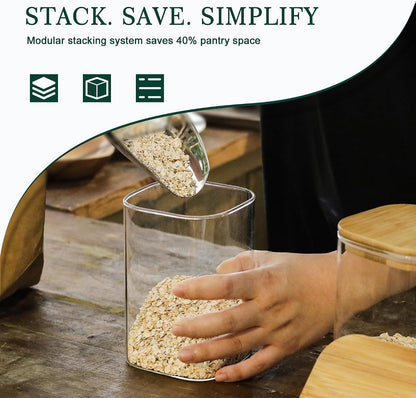 LIBWYS 12-Pack Square Glass Storage Jars with Bamboo Lids (0.6Qt/1.06Qt) - Stackable Food Containers for Pantry Organization, Coffee, Flour, Snacks, Tea | Kitchen Canisters Set