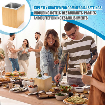 Honeydak Large Ice Housing Bin with Removable Tray Ice Holder Container Wine Beer Champagne Drink Bucket Beverage Tub for Freezer Display Buffet Counter Party Chiller (Bamboo and Steel)