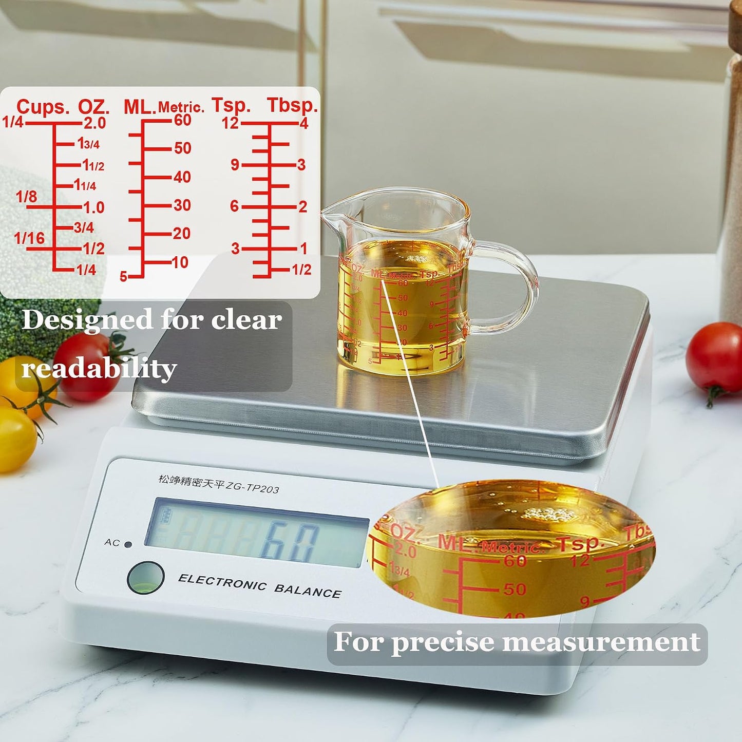 Ackers BORO3.3 Measure Glass -[Insulated handle | V-Shaped Spout]-Made of High Borosilicate Glass Measuring for Kitchen or Restaurant, Easy to Read, 60 ML (2 Oz) 丨(2 Pack)