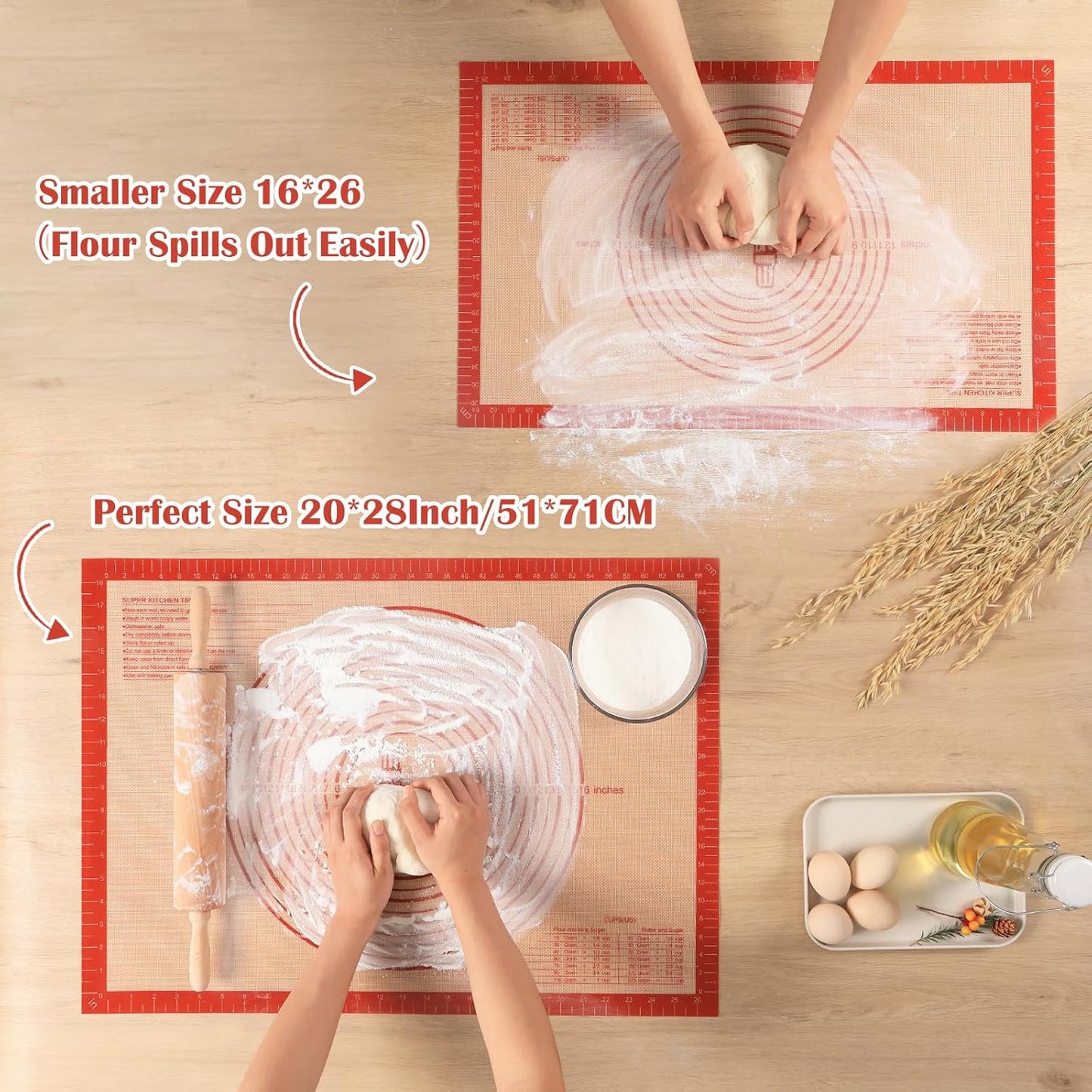 Non-slip Silicone Pastry Mat Extra Large with Measurements 36''By 24'' for Baking Mat, Counter/Dough Rolling/Oven Liner/Fondant/Pie Crust（Red）