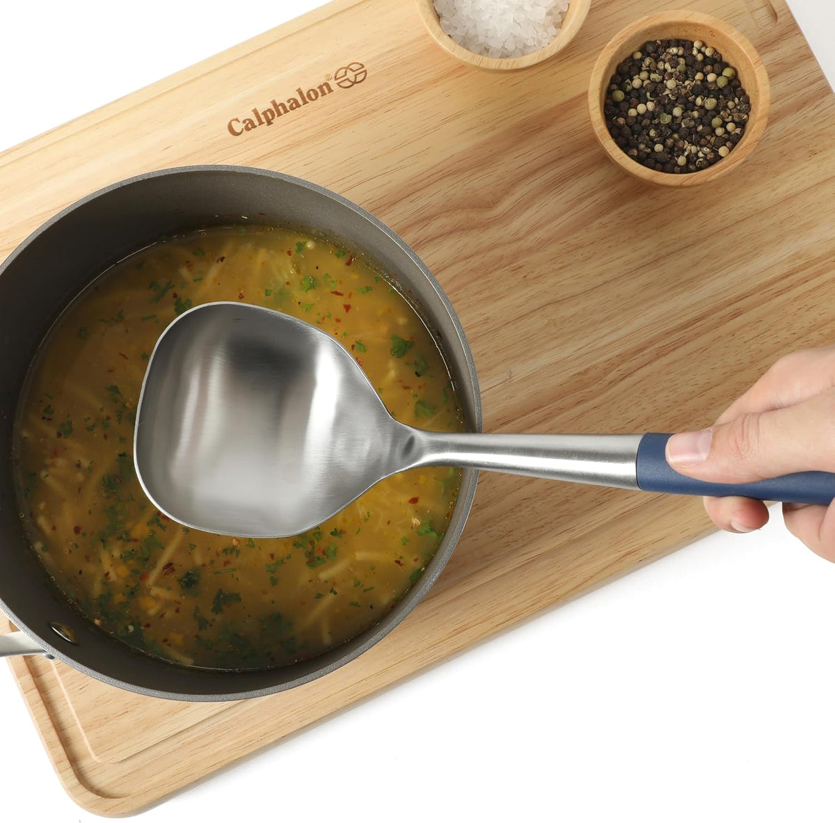 Calphalon Edge Soup Ladle, Stainless Steel Soup Ladle, Serving Ladle with Silicone Handle, Heat-Resistant Nonstick-Safe Kitchen Ladle for Soups, Sauces & Stews, Taupe