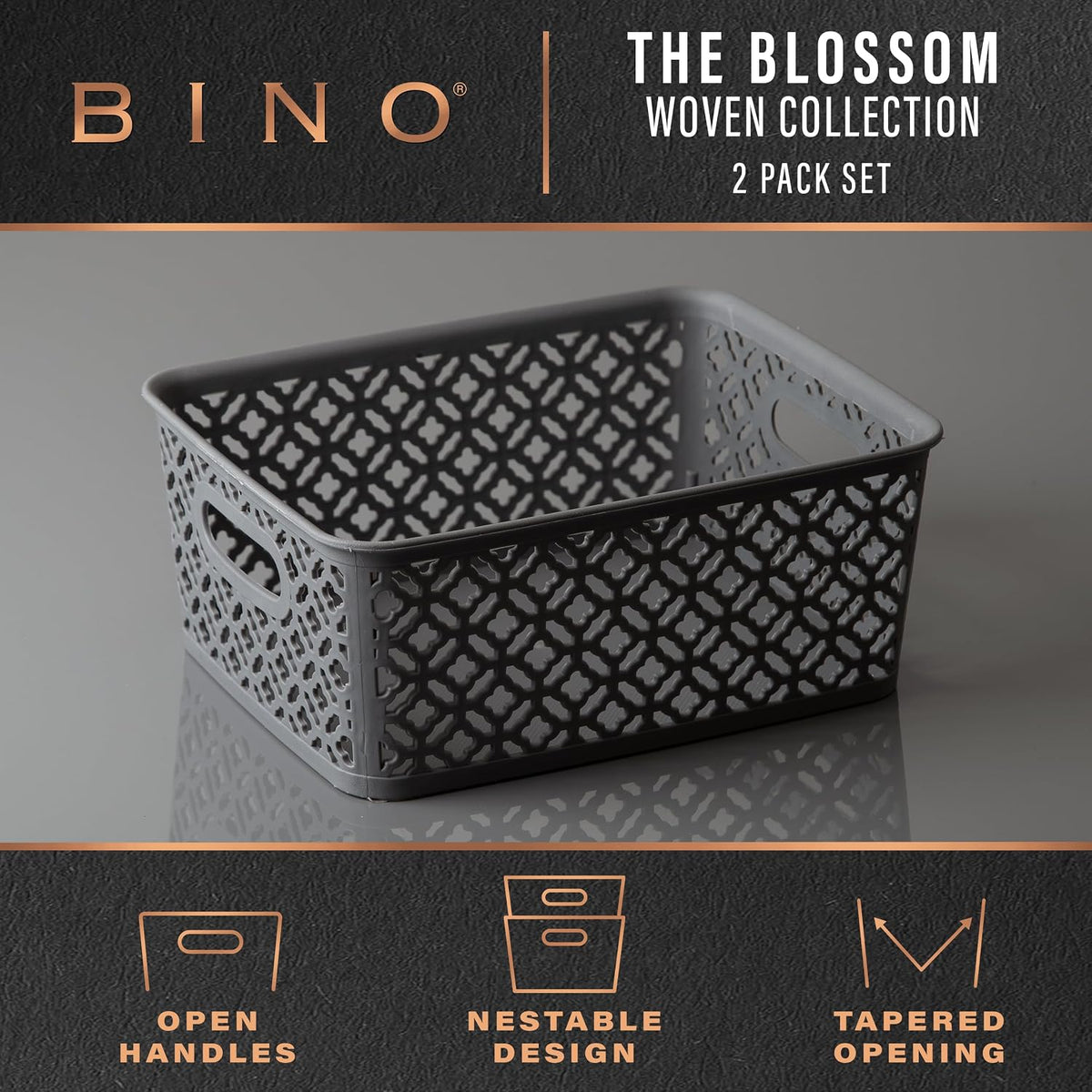 BINO l Plastic Storage Baskets, Large - Grey l THE BLOSSOM COLLECTION l Multi-Use Organizer Bin l Built-in Handles l Plastic Woven Basket for Organizing l Pantry & Home Organizing Basket