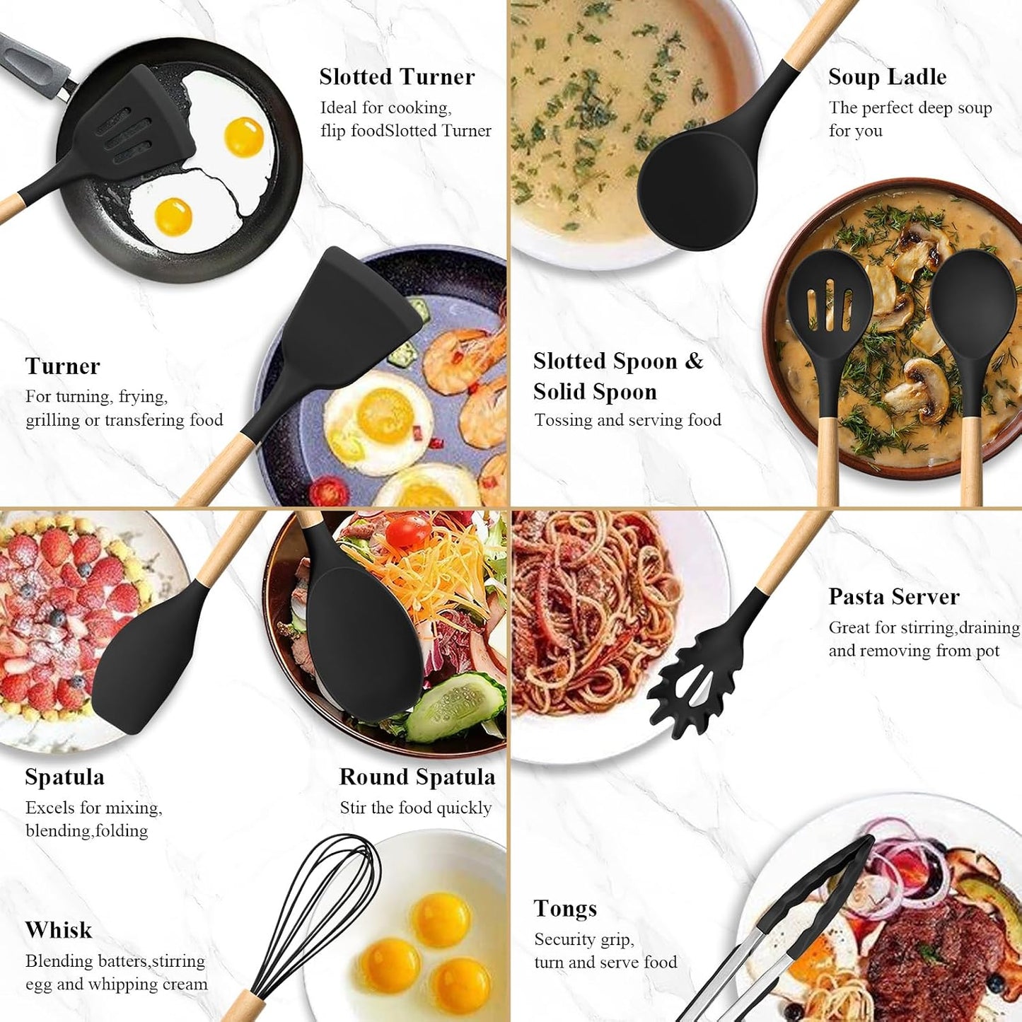 HaWare Silicone Cooking Utensils Set, 10-Piece Chef Kitchen Non-Stick Cookware with Wooden Handle, 450°F Heat Resistant - Khaki