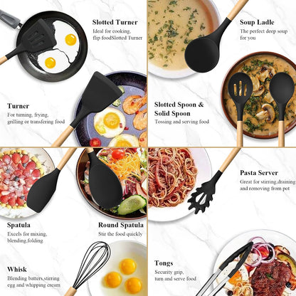 HaWare Silicone Cooking Utensils Set, 10-Piece Chef Kitchen Non-Stick Cookware with Wooden Handle, 450°F Heat Resistant - Khaki
