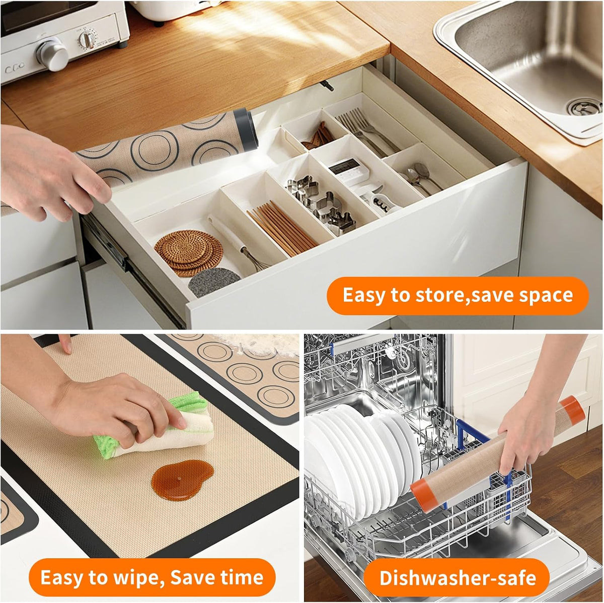 Luckyiren 2 Pack Silicone Baking Mat Set, Nonstick Half Sheet, Orange/Beige