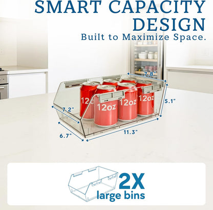 HOMESTEAD Set of 4 Stackable Storage Bins, 2 Large + 2 Small Clear Plastic Organizer Bins, Open Front Design for Kitchen Pantry, Fridge, Cabinet, Bathroom Organization and Snack Storage
