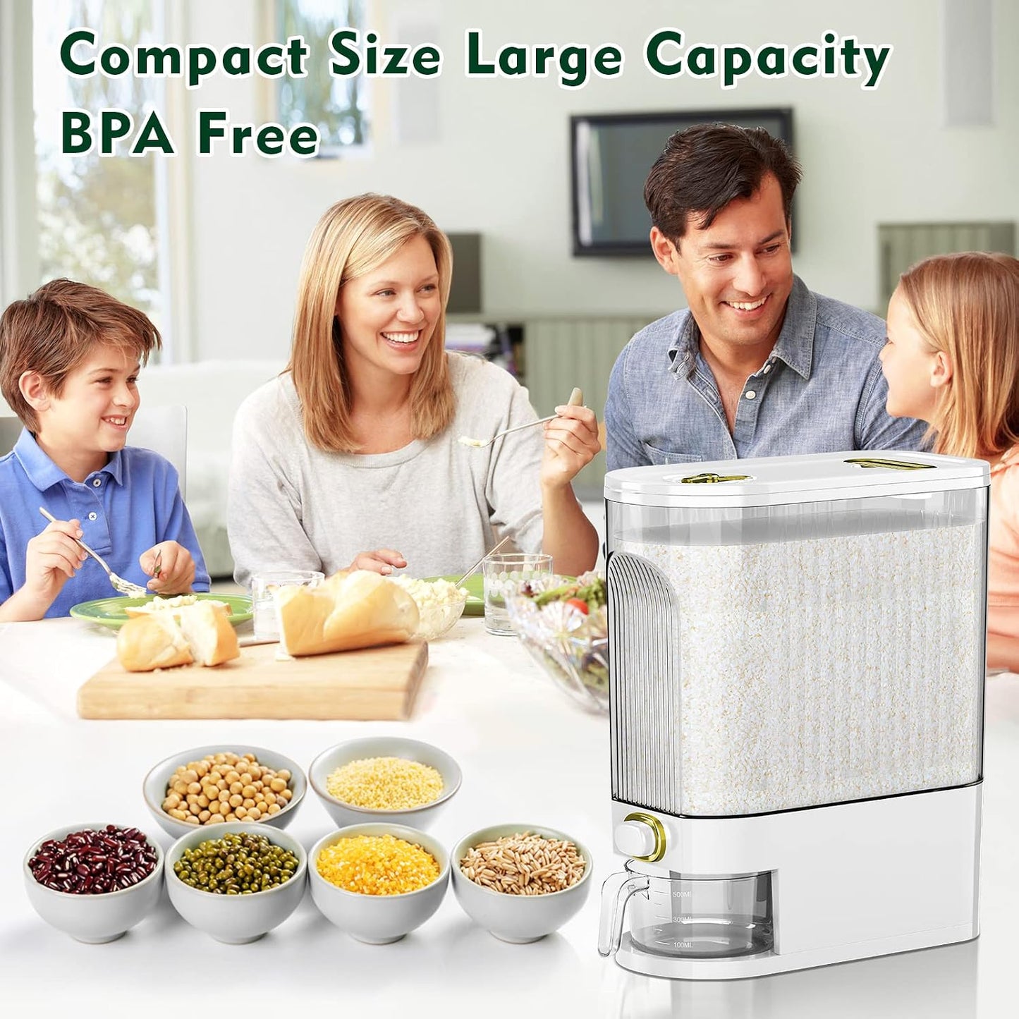 Lenwi 22-25 Lbs Rice Dispenser, Large Cereal Dry Food Storage Containers with Measuring Cup,BPA-Free Household for Kitchen Pantry Organization-Grey