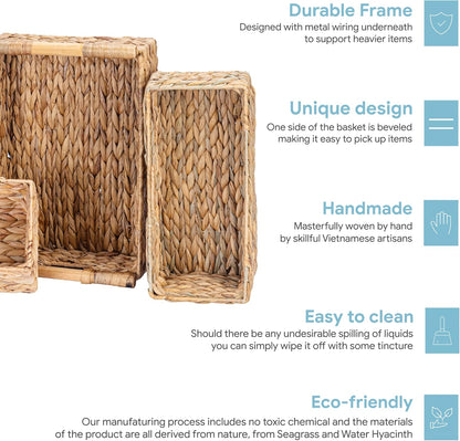 VATIMA Water Hyacinth Storage Baskets with Large Open-Front for Kitchen, Decorative for Living Room, 13.4” x 9.5” x 5.5”, 2 Pack