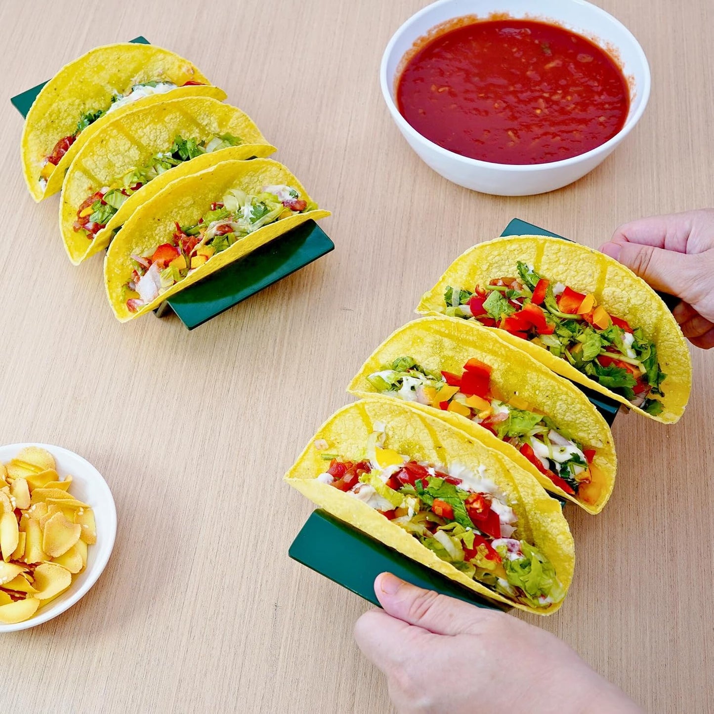 TP Taco Holder Stands, Set of 2 Melamine Large Taco Serving Rack Tray with Handle, Holds 3 Tacos, Dishwasher Safe, Ideal for Taco Night, Party, Home, Fiesta, Talavera Tile