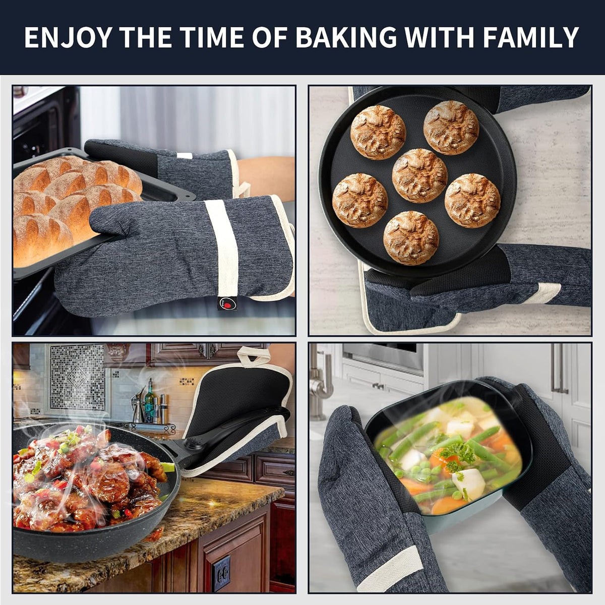 Oven Mitts and PotHolders Sets, 4 Pcs Kitchen Oven Glove High Heat Resistant 400°F Pot Holders for Kitchen, Non-Slip Neoprene Oven Mitts are Suitable for Cooking, Baking (Black)