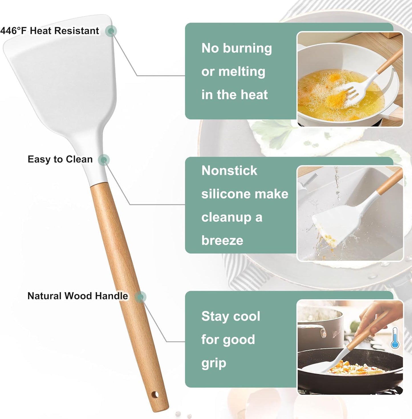 E-far Silicone Cooking Utensils Set, 5-Piece Kitchen Utensils Set with Wooden Handle for Cooking, Silicone Kitchen Nonstick Tools Spatula Turner Slotted Spoons, Nontoxic & Heat Resistant-Khaki