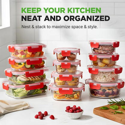 NutriChef 24pcs Glass Food Storage Containers, (12 Stackable Heavy Duty Meal Prep Containers w/ 12 Airtight Lids), Microwave, Freezer, & Dishwasher Safe for Food, Snacks, Fruit & More, (Gray)