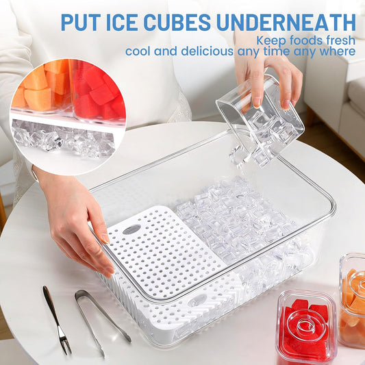 Ice Chilled Condiment Caddy with 8x13.5oz Containers, Large Portable Snack Containers with Lid & Handle, Fruit Veggie Salad Chilled Serving Trays for Party Travel Beach Picnic Outdoor