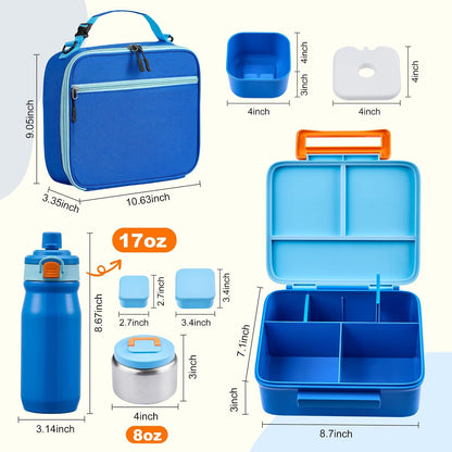 MAISON HUIS Bento Box for Kids with 8oz Soup Thermo, Leak-proof Lunch Food Containers with 5 Compartment, Insulated Lunch Bag & 17oz Stainless Steel Water Bottle for School, Trvael