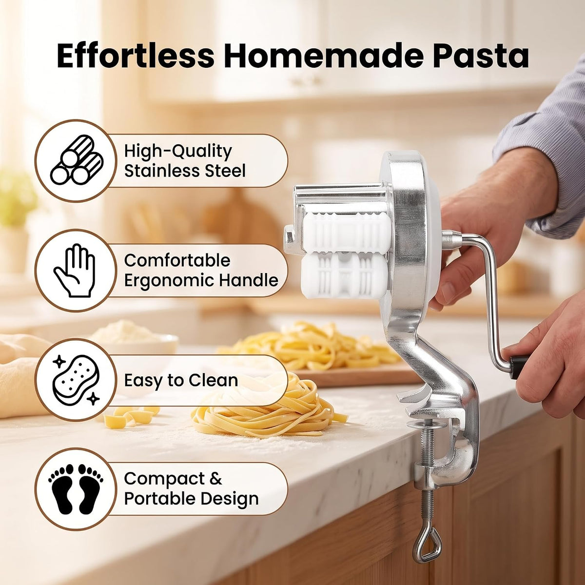 Manual Macaroni Maker, Pasta Maker Machine Pasta Maker Stainless Steel Hand Cranking Noodles Pressing Machine Kitchen Supply