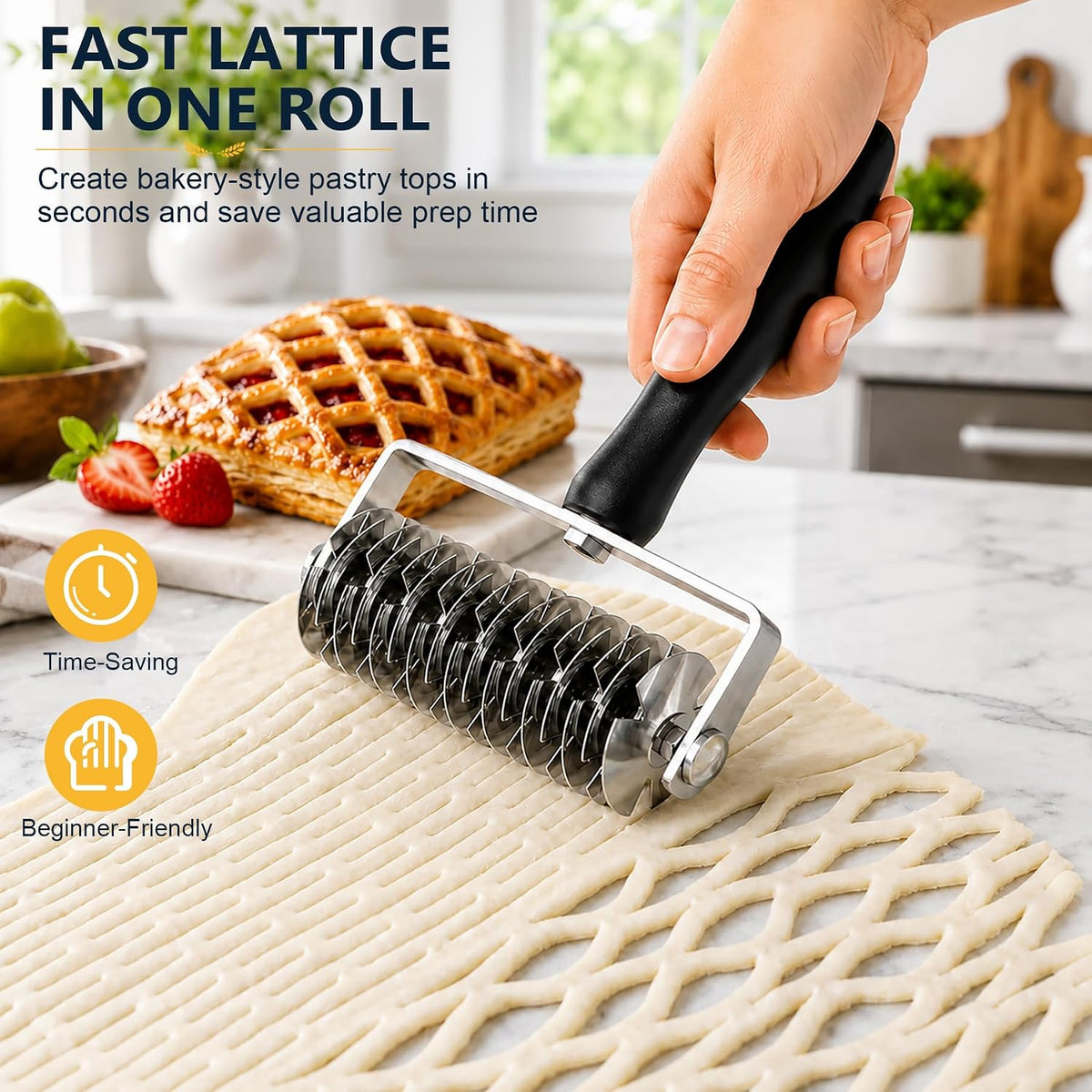 Pastry Lattice Roller Cutter, Stainless Steel Dough Lattice Cutter for Pie Crust, Puff Pastry, Pizza Dough, Bread, Tarts and Beef Wellington Baking