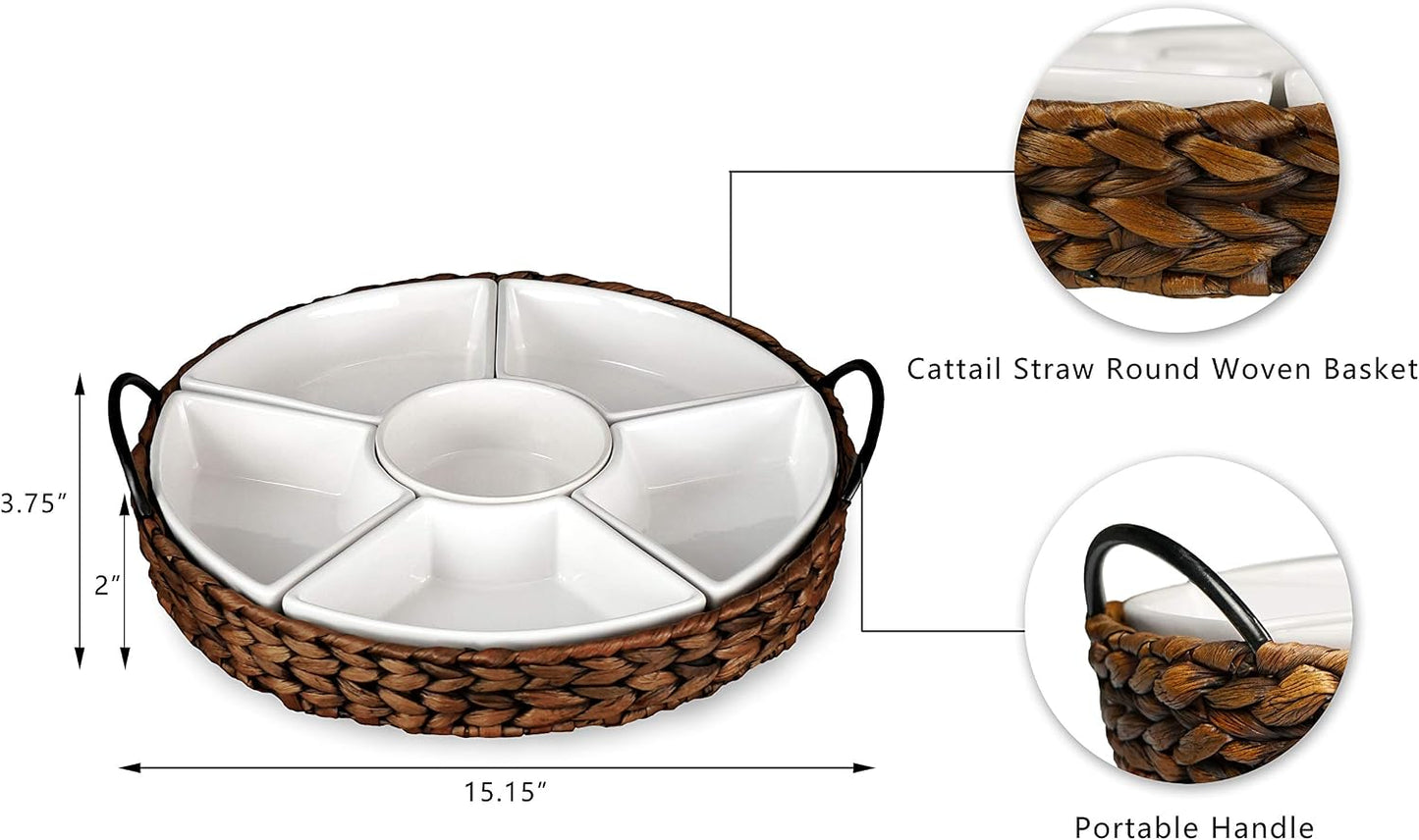Ceramic Serving Tray, Food Tray 15.5 x 15.5 Inches,Divided Serving Platter with 6 Removable Dishes, Portable Handle Cattail Serving Bowls,Perfect for or Chips and Dip,Natural