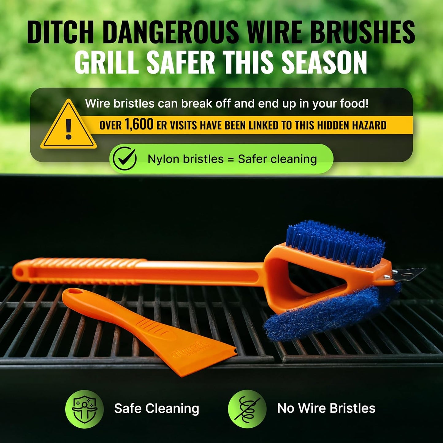 CitruSafe 3in1 Nylon Grill Brush with Cookbox Scraper - Made in USA - Non Metal, No Wire Bristles, Safe BBQ Brush for Outdoor Grills - Grilling Accessories & Tools to Clean Cool Grill Grates