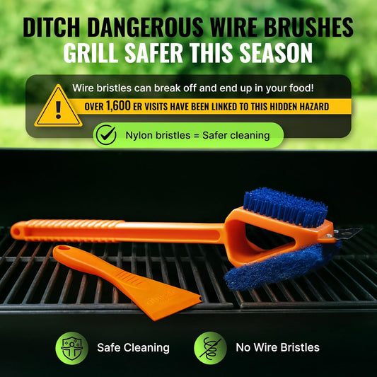 CitruSafe 3in1 Nylon Grill Brush with Cookbox Scraper - Made in USA - Non Metal, No Wire Bristles, Safe BBQ Brush for Outdoor Grills - Grilling Accessories & Tools to Clean Cool Grill Grates