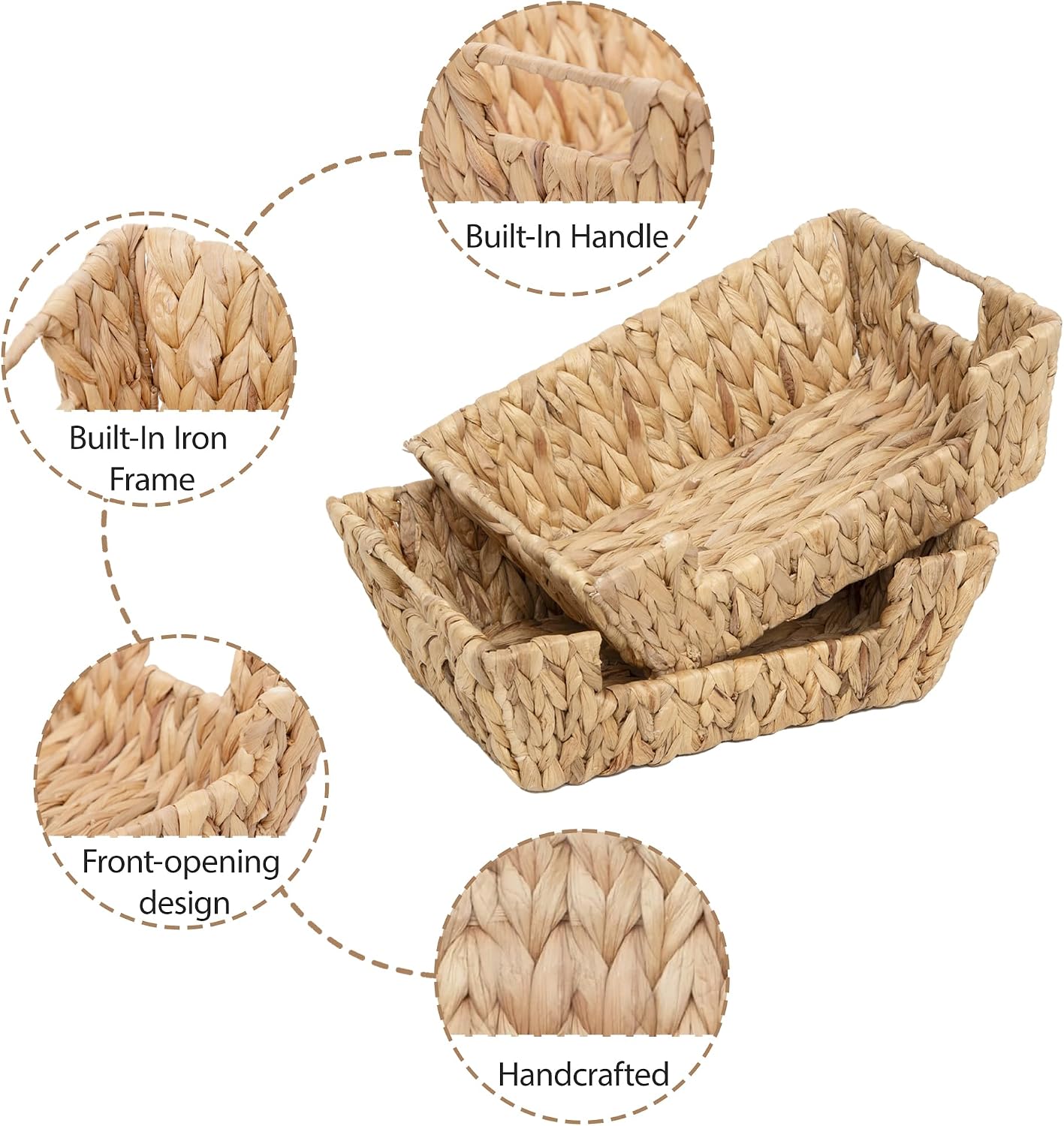2-Pack Handwoven Wicker Basket, Natural Water Hyacinth Storage Baskets with Built-in Handles, Stackable Organizers for Pantry, Bedroom, Bathroom, Kitchen
