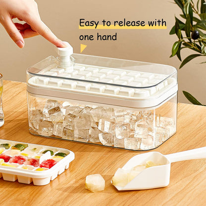Ice Cube Tray with Lid and Bin, 2 Pack Ice Cube Trays for Freezer, 64 Pcs Ice Cube Mold, Press Button Easy Release Ice Tray, Small Ice Cubes Maker for Drinks(Green)