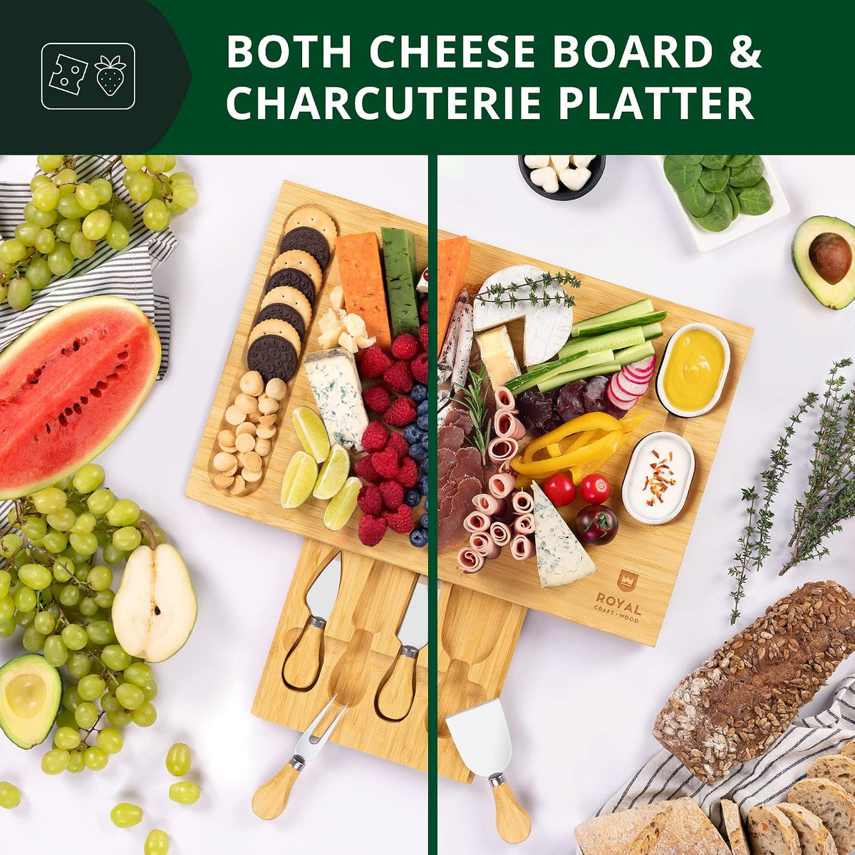 ROYAL CRAFT WOOD Premium Bamboo Charcuterie Board Set - Cheese Platter & Serving Tray & Serving Utensils - Perfect Housewarming Gift, Wedding, Bridal Shower Gift - Ideal for Entertaining and New Home
