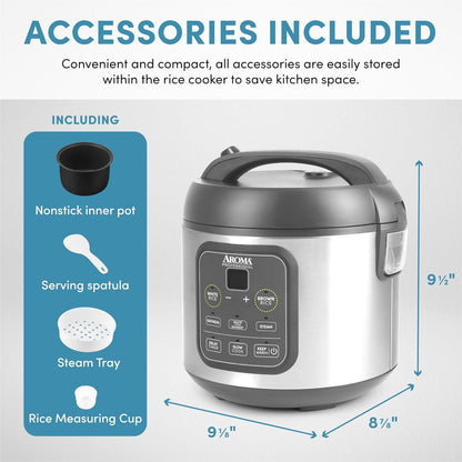 AROMA Digital Rice Cooker, 4-Cup (Uncooked) / 8-Cup (Cooked), Steamer, Grain Cooker, Multicooker, 2 Qt, Stainless Steel Exterior, ARC-914SBD