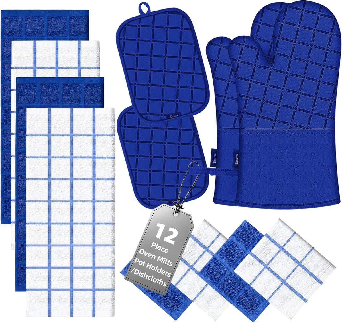Oven Mitts Kitchen Towels and Dishcloths Pot Holders Sets, Oven Gloves Kitchen Dish Towels 500 Degree Heat Resistant Potholders with Non-Slip Silicone Surface for Cooking, Grilling, Baking-Gray