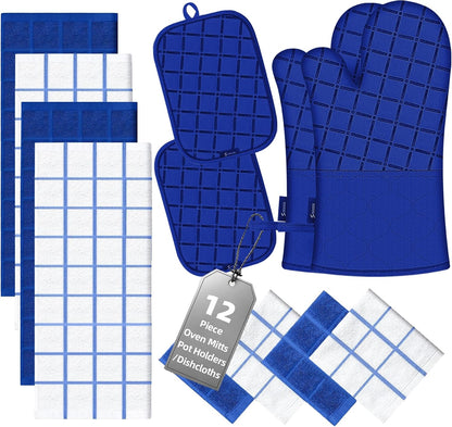 Oven Mitts Kitchen Towels and Dishcloths Pot Holders Sets, Oven Gloves Kitchen Dish Towels 500 Degree Heat Resistant Potholders with Non-Slip Silicone Surface for Cooking, Grilling, Baking-Gray