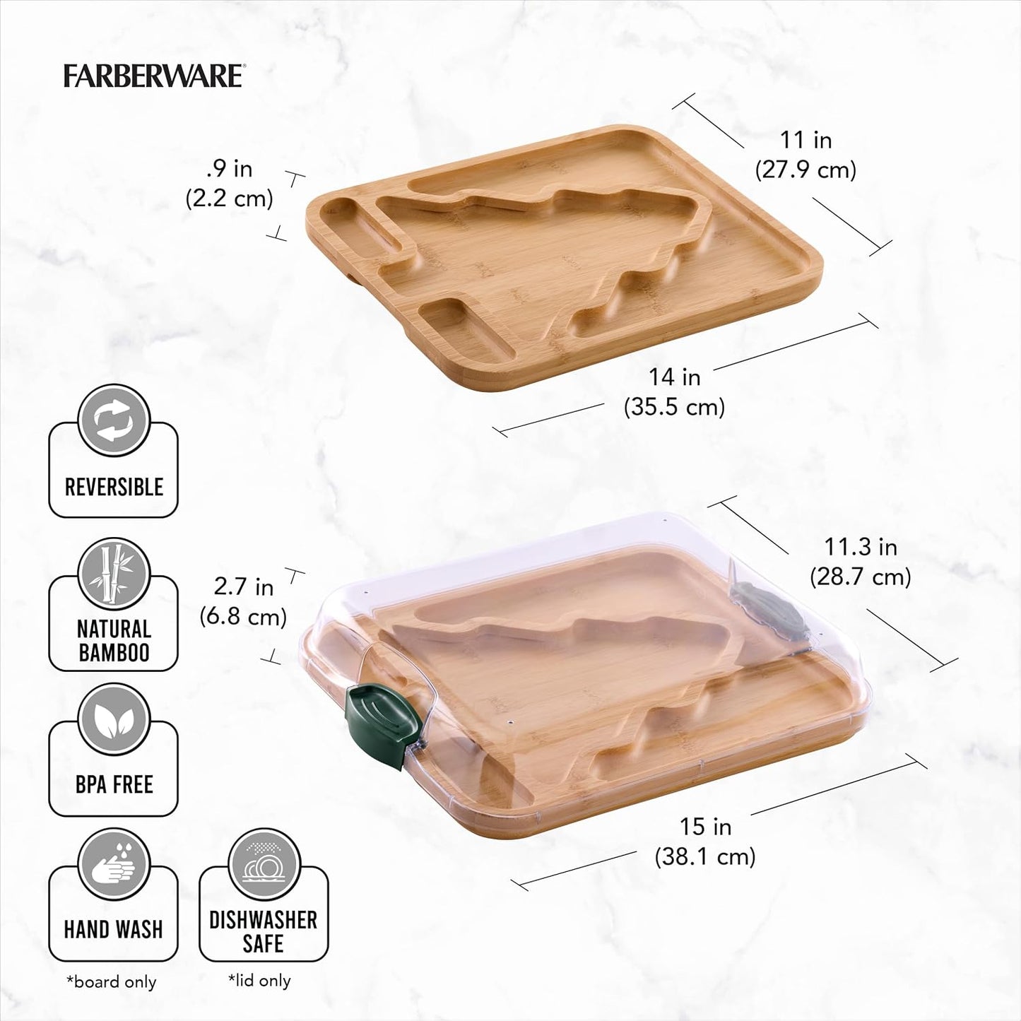 Farberware Build-A-Board Bamboo Cutting Board with Built-In Compartments & Clear Locking Lid, Black Handles, Charcuterie, Snack Tray, Food Prep and Serving Platter