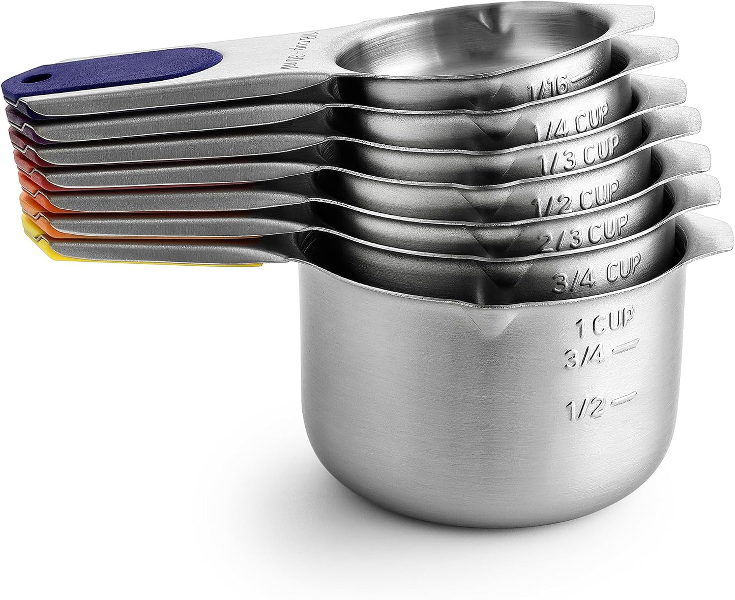 Spring Chef Stainless Steel Measuring Cups Set of 7 with Pour Spout - Nesting Kitchen Tools with Easy Read Markings to Measure Dry or Liquid Ingredients - Metal Measuring Cups for Baking & Cooking