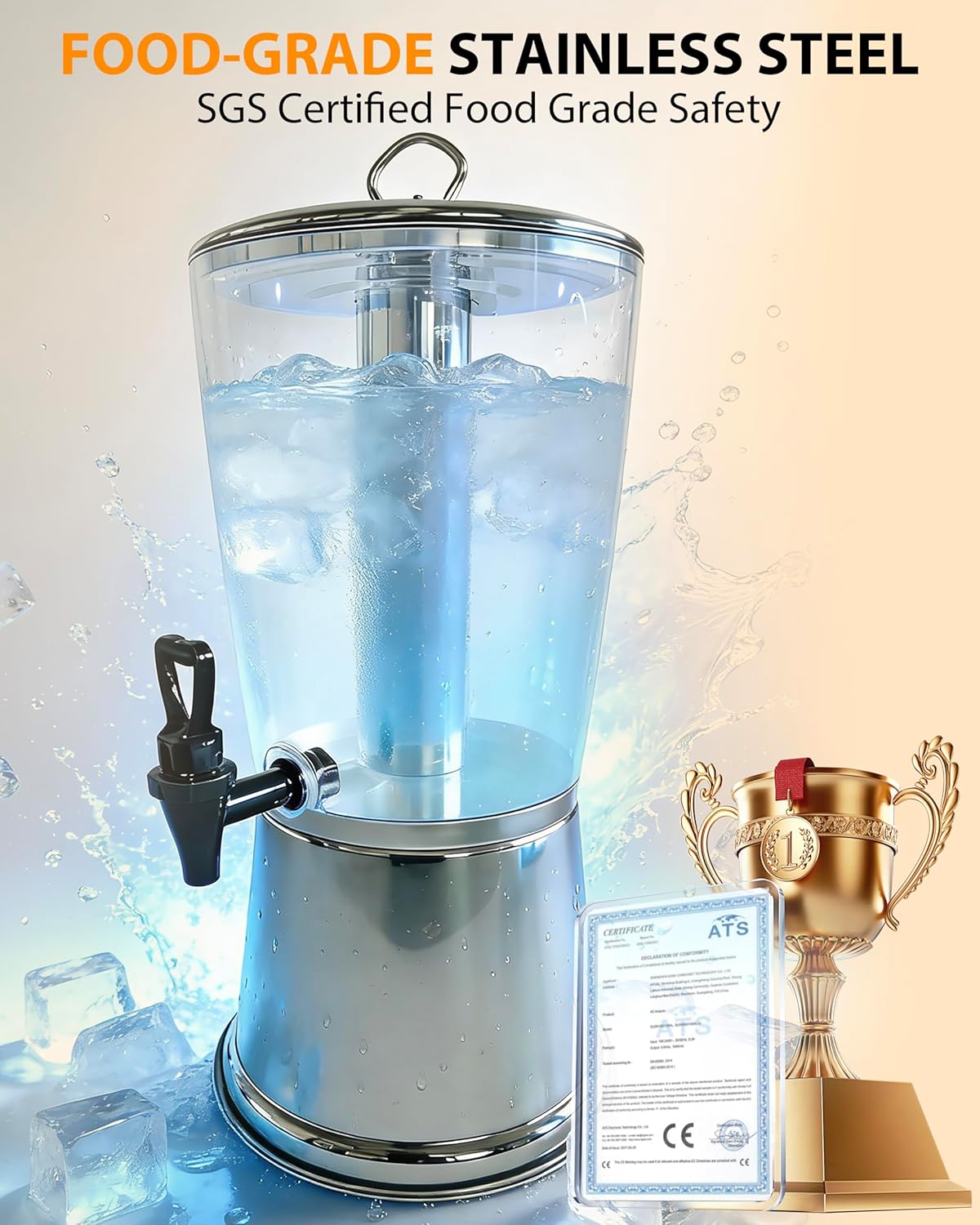 Beverage Dispenser with Stand, 3 Gallon Drink Dispenser for Parties,Events,Buffet &Self-Serve,Dual Ice Tube Core Fruit Infuser,Leakproof Spigot,Clear PC Container, Stainless Steel Lid&Base