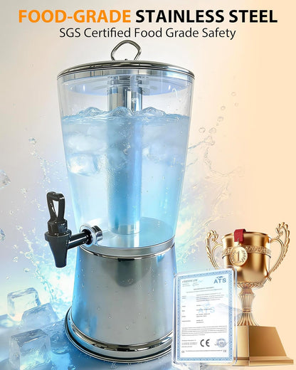 Beverage Dispenser with Stand, 3 Gallon Drink Dispenser for Parties,Events,Buffet &Self-Serve,Dual Ice Tube Core Fruit Infuser,Leakproof Spigot,Clear PC Container, Stainless Steel Lid&Base