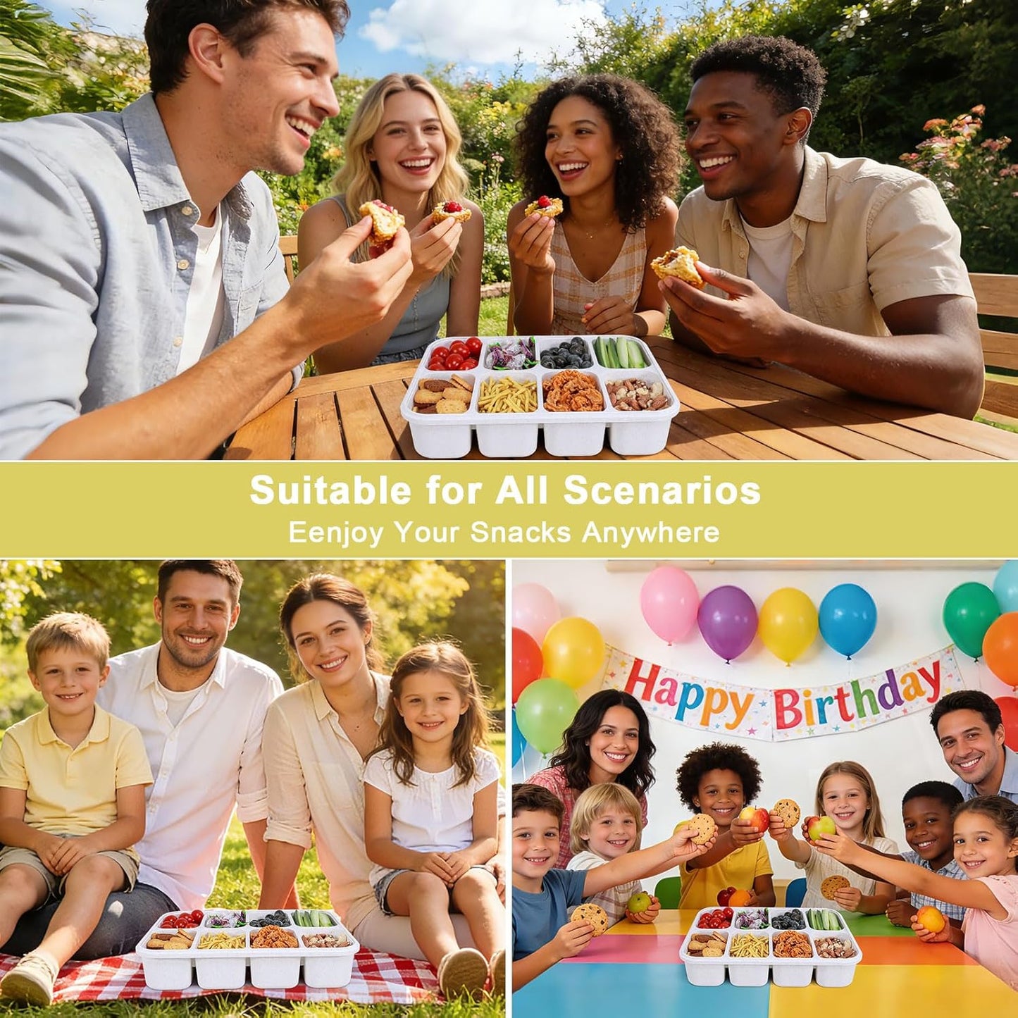 Snackle Box Container, Large 8-Compartment Divided Serving Tray with Lid and Handle, Portable Snack Tray for Travel Party Beach Picnic, Dishwasher Safe, BPA-Free, Wheat Straw