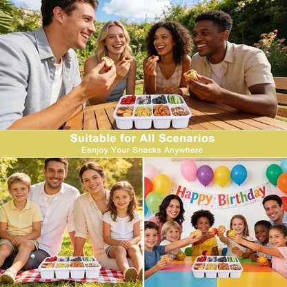Snackle Box Container, Large 8-Compartment Divided Serving Tray with Lid and Handle, Portable Snack Tray for Travel Party Beach Picnic, Dishwasher Safe, BPA-Free, Wheat Straw
