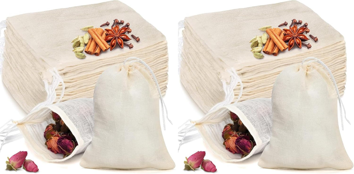 20 Pcs Muslin Bags with Drawstring, Reusable Tea Bags, Spice Bags for Cooking Soup/Herb/Loose Leaf Tea, Natural Cotton Small Cheese Cloth Bag for Straining, Sachet Bags Empty, 4 X 3 Inches