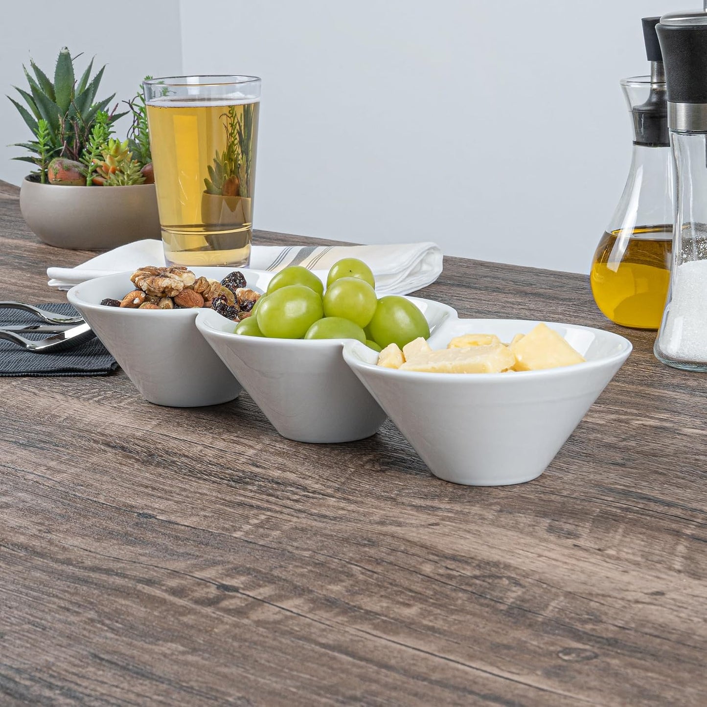 Restaurantware-9.1 x 4.9 x 2.3 Inch Double Dip Bowls, 1 Microwavable Condiment Server - 2 Compartments, Microwavable, White Porcelain Dip Tray, Dishwashable, For Snacks, Condiments, Or Toppings