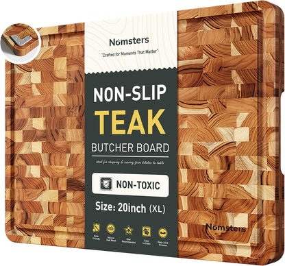 Teak Wood End Grain Cutting Board Set of 2 with Non-slip Feet, Reversible Cutting Boards for Kitchen with Juice Grooves and Handles Non Toxic Chopping Board Butcher Block Serving Tray Kitchen Gift