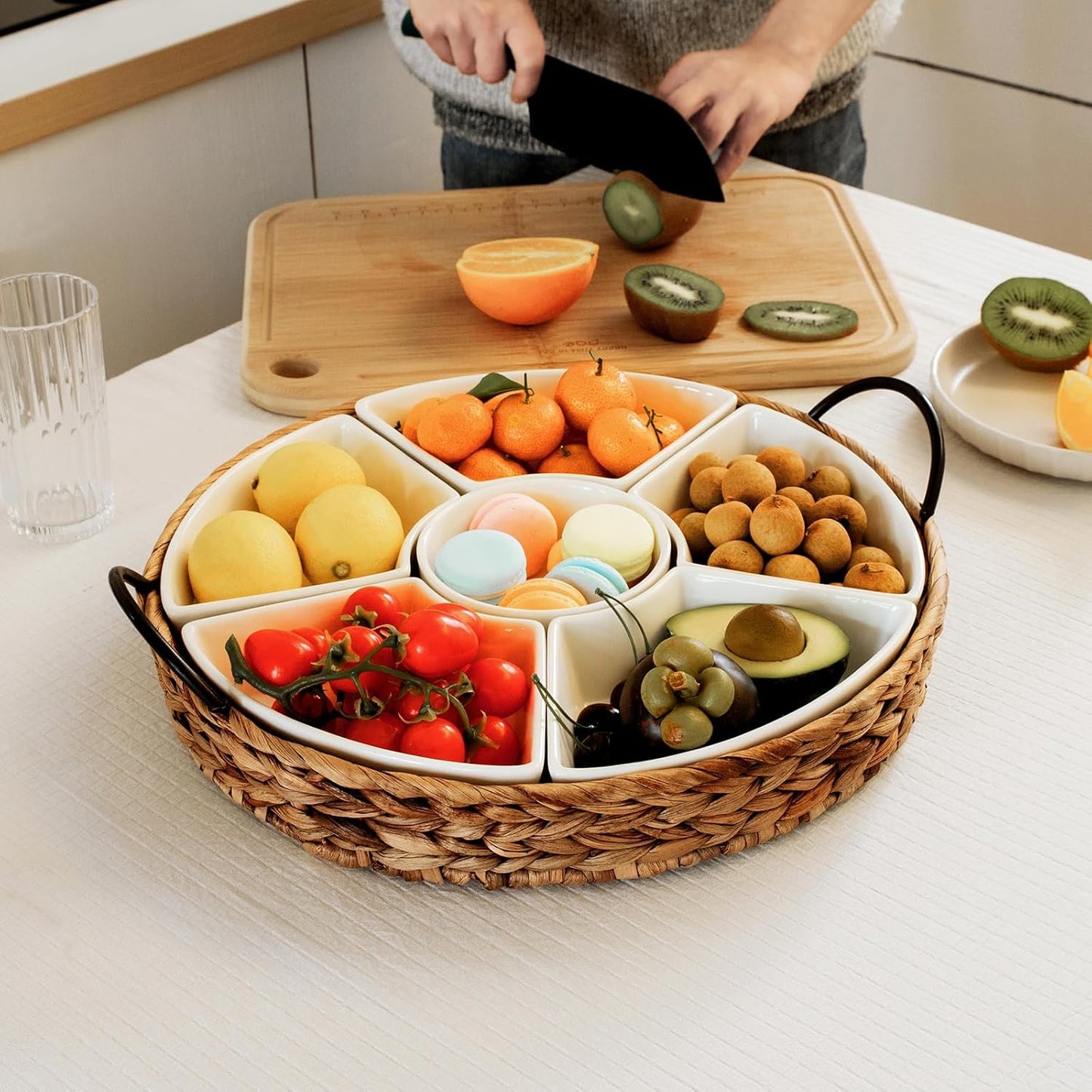 Ceramic Serving Tray, Food Tray 15.5 x 15.5 Inches,Divided Serving Platter with 6 Removable Dishes, Portable Handle Cattail Serving Bowls,Perfect for or Chips and Dip,Natural
