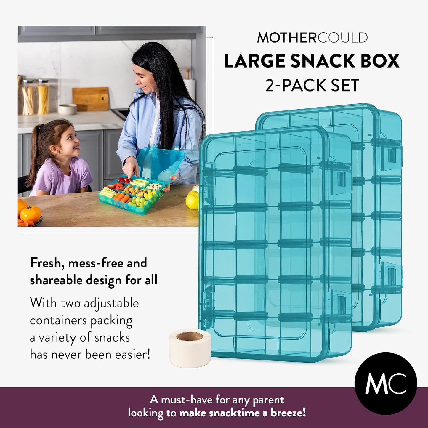 Large Kids Snack Box Containers Set of 2 -100 Labels, BPA-Free, Adjustable Compartments, Dishwasher Safe, Reusable Tray, Food Grade, Meal Prep Container, PARENT TESTED PARENT APPROVED AWARD (Clear)