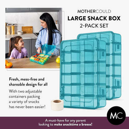 Large Kids Snack Box Containers Set of 2 -100 Labels, BPA-Free, Adjustable Compartments, Dishwasher Safe, Reusable Tray, Food Grade, Meal Prep Container, PARENT TESTED PARENT APPROVED AWARD (Clear)