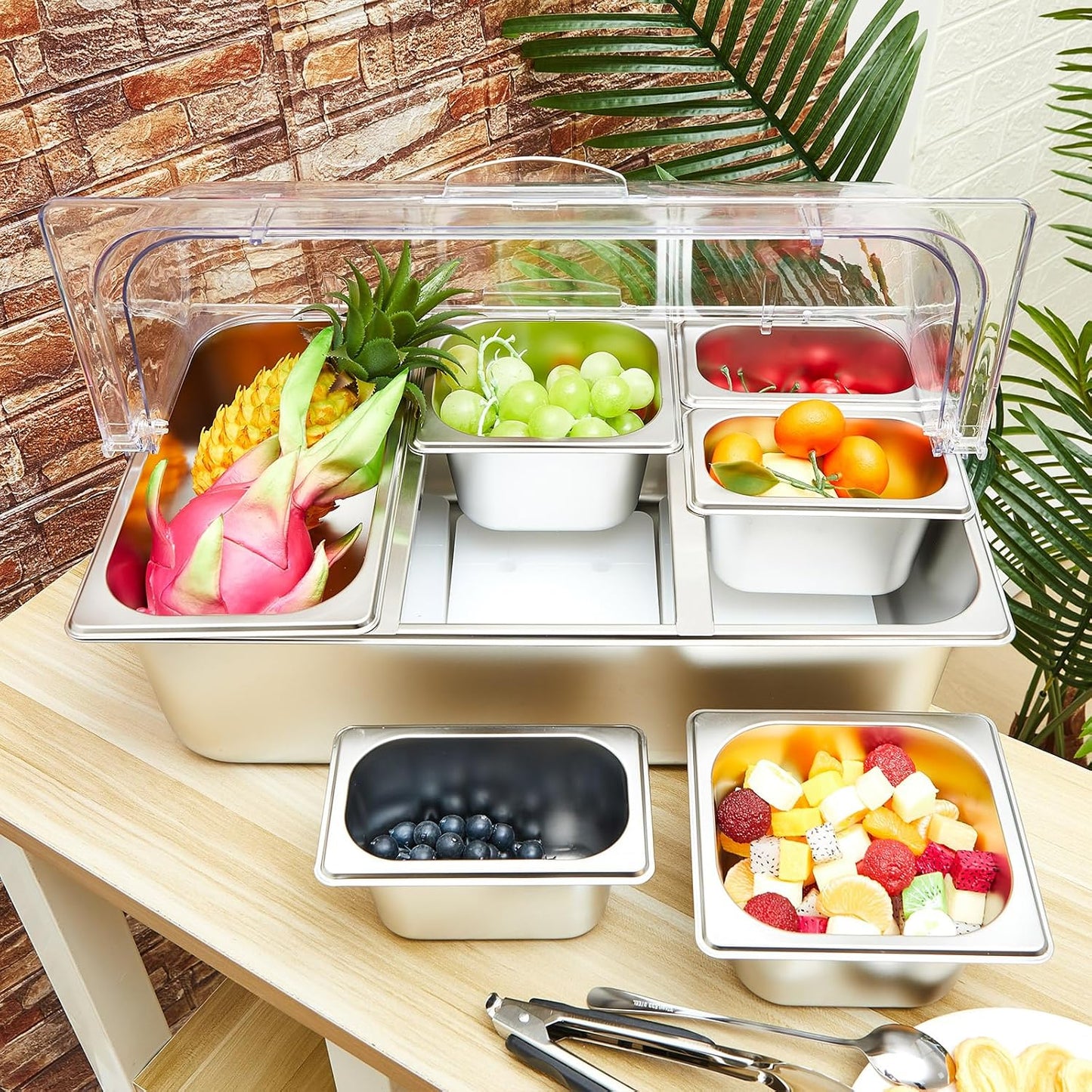 Condiment Tray Stainless Steel Serving Display Set with Lid for Buffet Restaurant Kitchen, Food Chilled Container for Salad Fruit Condiments, Keeps Food Fresh with Ice Box(6 Compartments)