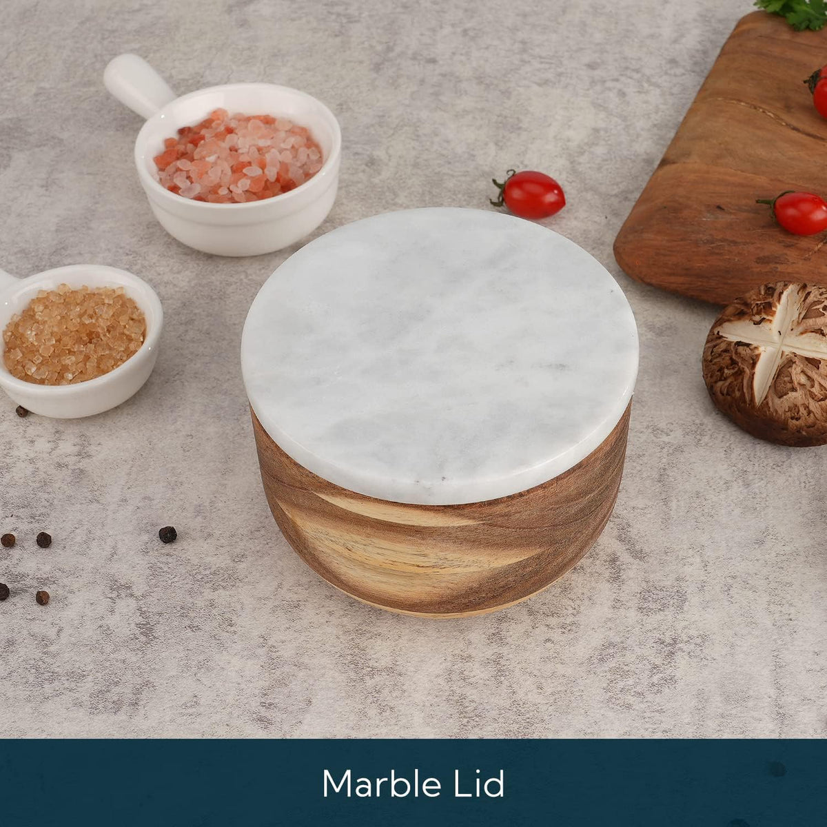 KITCHENDAO Large Acacia Salt Cellar Box Bowl with Built-in Spoon and Marble Lid, Solid Natural Acacia Wood Bath Sea Salt Container, Grey Marble Lid, Pepper Sealer Pinch Bowl, 10oz Capacity